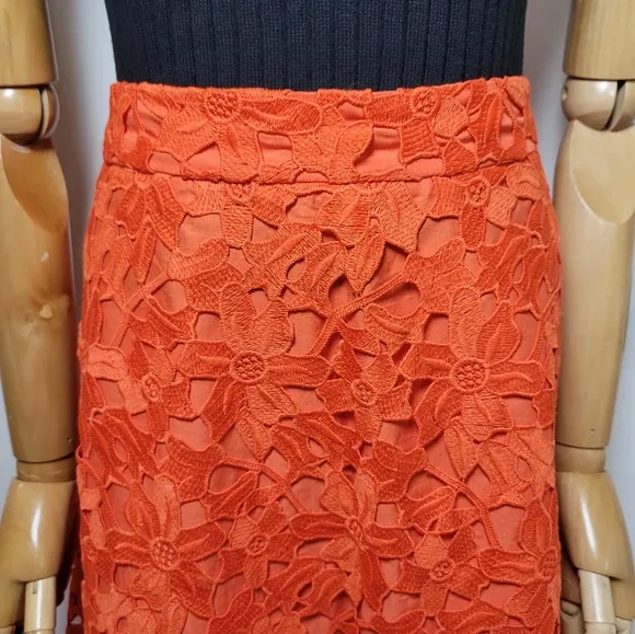 Banana Republic Red Orange Eyelet Floral Midi Skirt Size 10