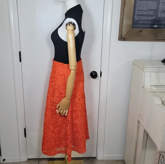Banana Republic Red Orange Eyelet Floral Midi Skirt Size 10
