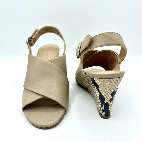 Banana Republic Taupe Leather Crossover Wedge Sandals~Size 7.5~ Snakeskin Heel