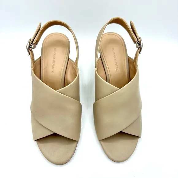 Banana Republic Taupe Leather Crossover Wedge Sandals~Size 7.5~ Snakeskin Heel
