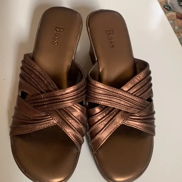 BASS COPPER LEATHER SANDALS WEDGES SLIP ON 5M OPEN TOE SHOES