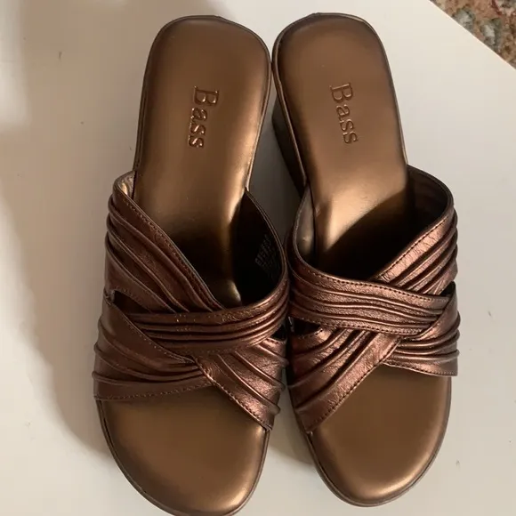BASS COPPER LEATHER SANDALS WEDGES SLIP ON 5M OPEN TOE SHOES