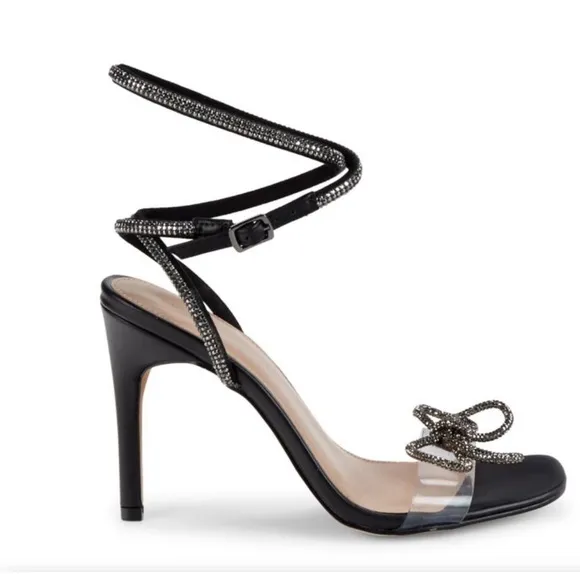 BCBGeneration Illara Clear Strap Rhinestone Bow Ankle Wrap Dress Sandals