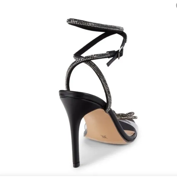 BCBGeneration Illara Clear Strap Rhinestone Bow Ankle Wrap Dress Sandals