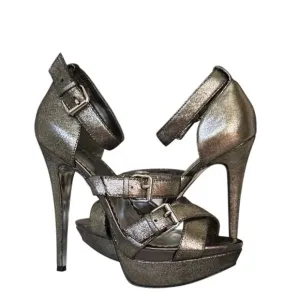 Bebe Dark Metallic Grey India Platform Stiletto Heel Leather Sandals Size 9.5