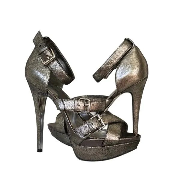 Bebe Dark Metallic Grey India Platform Stiletto Heel Leather Sandals Size 9.5