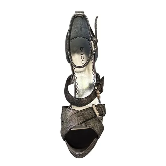 Bebe Dark Metallic Grey India Platform Stiletto Heel Leather Sandals Size 9.5