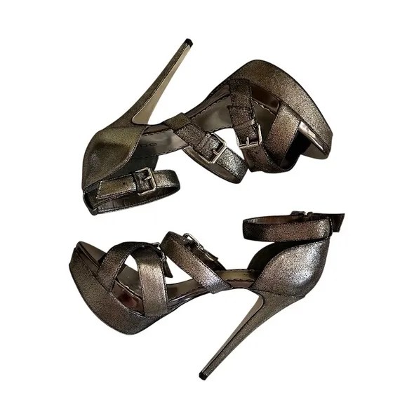 Bebe Dark Metallic Grey India Platform Stiletto Heel Leather Sandals Size 9.5