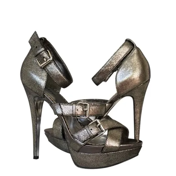 Bebe Dark Metallic Grey India Platform Stiletto Heel Leather Sandals Size 9.5
