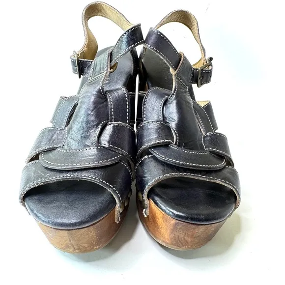BED STU Caitlin Black Leather Wood Platform Sandals/ 7.5