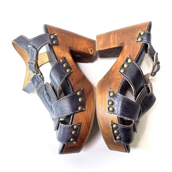 BED STU Caitlin Black Leather Wood Platform Sandals/ 7.5