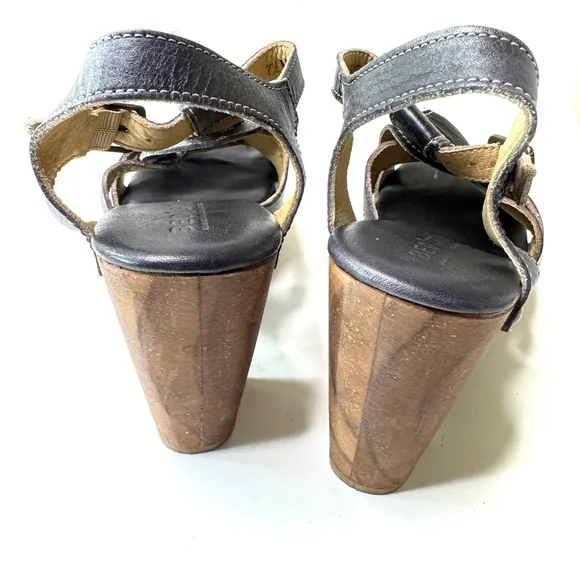 BED STU Caitlin Black Leather Wood Platform Sandals/ 7.5