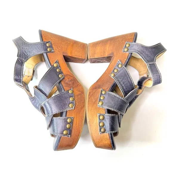 BED STU Caitlin Black Leather Wood Platform Sandals/ 7.5
