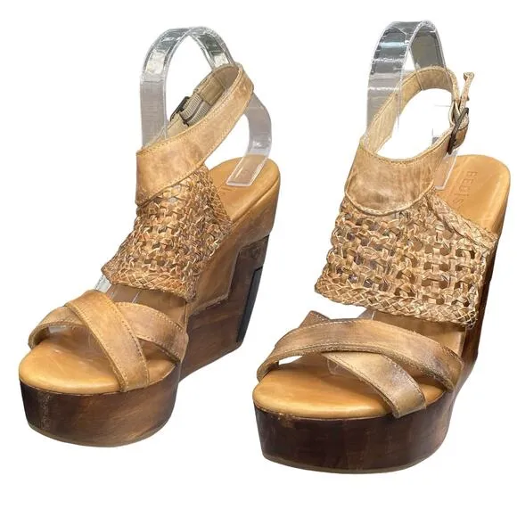 Bed Stu Women's Petra Brown Distressed Leather Wedge Sandals Size US 9