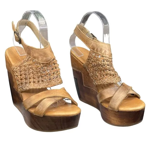 Bed Stu Women's Petra Brown Distressed Leather Wedge Sandals Size US 9
