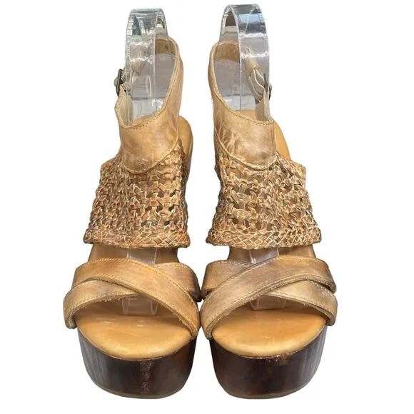 Bed Stu Women's Petra Brown Distressed Leather Wedge Sandals Size US 9