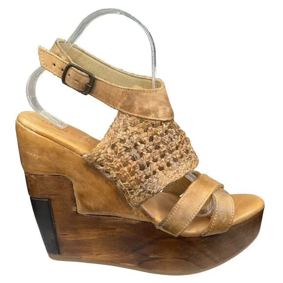 Bed Stu Women's Petra Brown Distressed Leather Wedge Sandals Size US 9