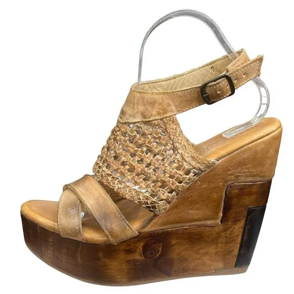 Bed Stu Women's Petra Brown Distressed Leather Wedge Sandals Size US 9