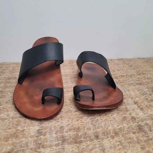 Beek Finch Handmade Leather Slide Sandals Black Ring Tan Women’s Size 11