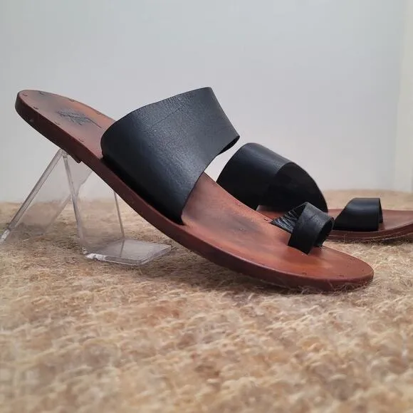 Beek Finch Handmade Leather Slide Sandals Black Ring Tan Women’s Size 11