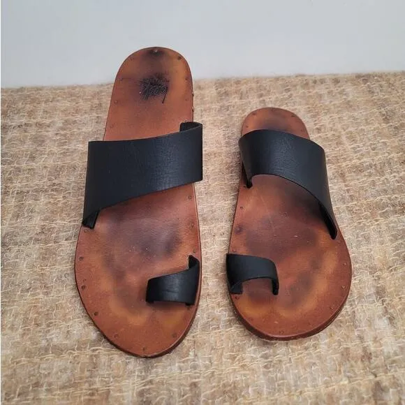 Beek Finch Handmade Leather Slide Sandals Black Ring Tan Women’s Size 11