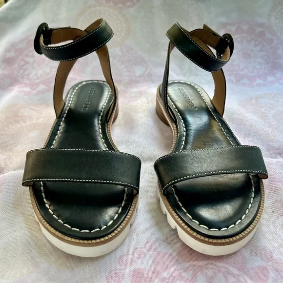 Bernardo Alexis Black Antique Calf Leather Ankle Strap Sandals Size 8.5