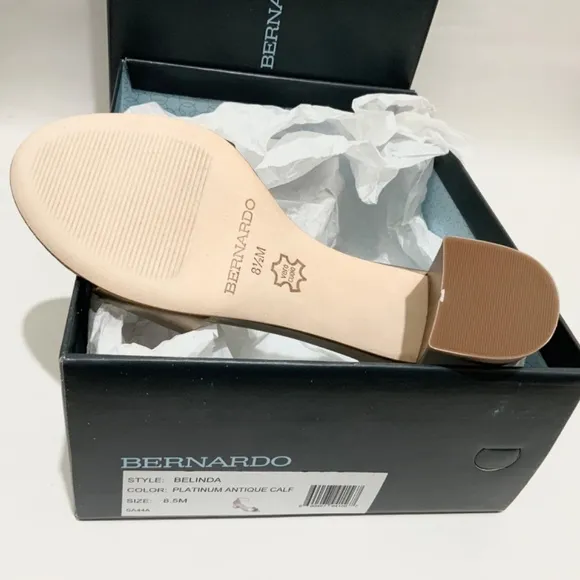 Bernardo Belinda Platinum Gold Leather Ankle Strap Block Heel Sandals Pumps 8.5