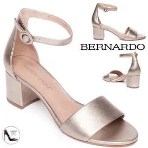 Bernardo Belinda Platinum Gold Leather Ankle Strap Block Heel Sandals Pumps 8.5