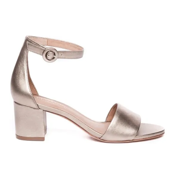 Bernardo Belinda Platinum Gold Leather Ankle Strap Block Heel Sandals Pumps 8.5
