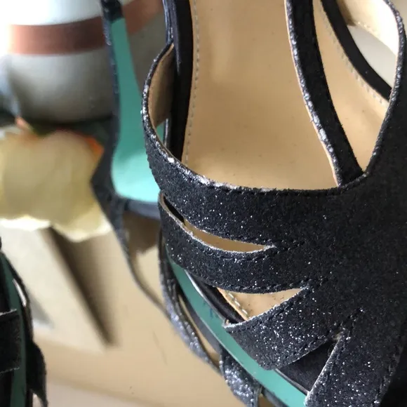 BETSEY JOHNSON Black Glitter Heels Sandals