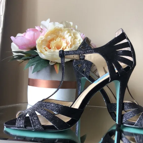 BETSEY JOHNSON Black Glitter Heels Sandals
