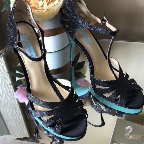 BETSEY JOHNSON Black Glitter Heels Sandals