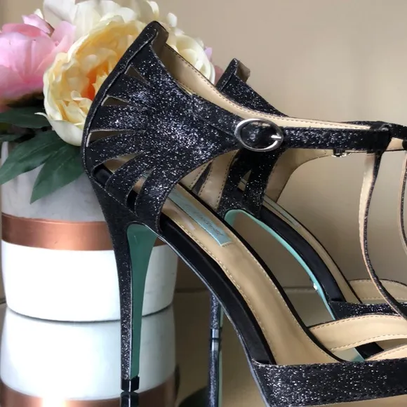 BETSEY JOHNSON Black Glitter Heels Sandals