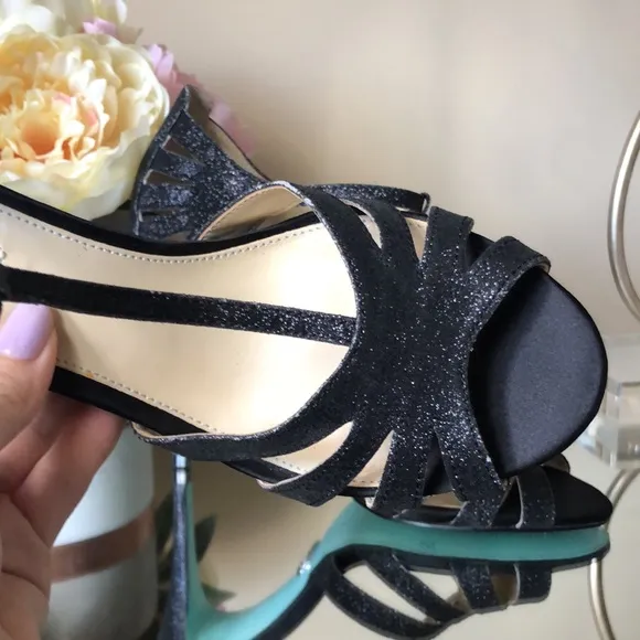 BETSEY JOHNSON Black Glitter Heels Sandals