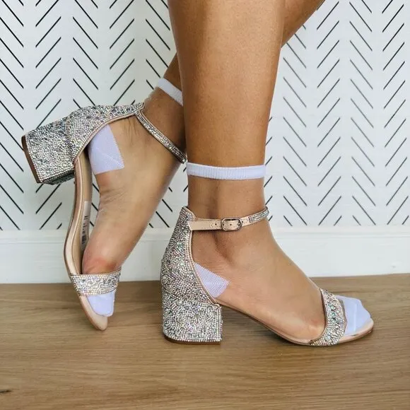 ❤️❤️❤️Betsey Johnson Mari Block Heel Dress Sandals Rhinestone Silver Blue Party