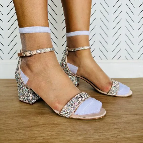 ❤️❤️❤️Betsey Johnson Mari Block Heel Dress Sandals Rhinestone Silver Blue Party