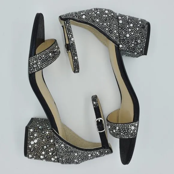 Betsey Johnson Mari Block Heel Sandals, Black, Rhinestones, Women's Size 6 Wide
