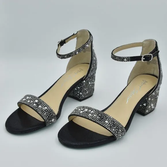 Betsey Johnson Mari Block Heel Sandals, Black, Rhinestones, Women's Size 6 Wide