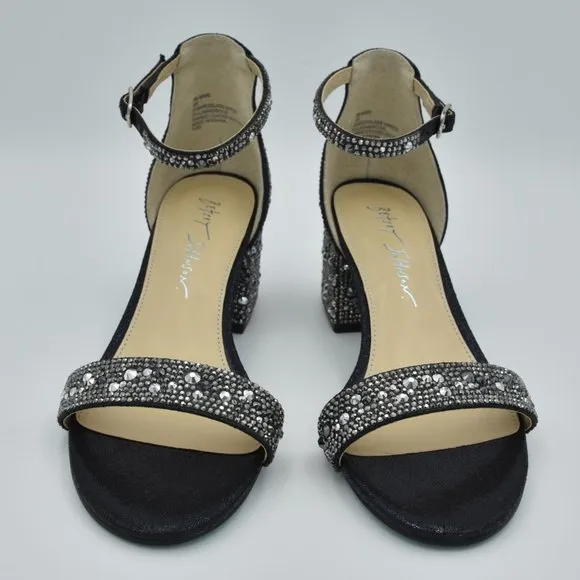 Betsey Johnson Mari Block Heel Sandals, Black, Rhinestones, Women's Size 6 Wide