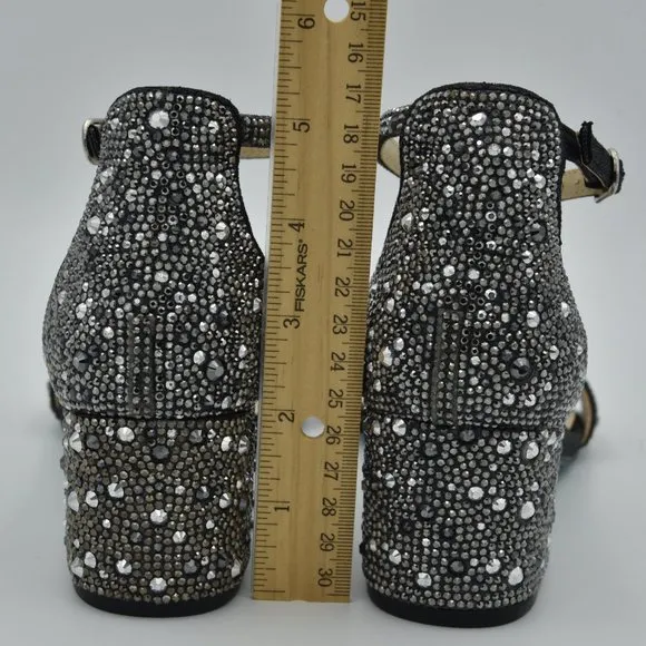 Betsey Johnson Mari Block Heel Sandals, Black, Rhinestones, Women's Size 6 Wide