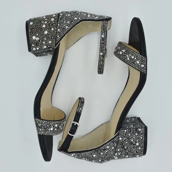 Betsey Johnson Mari Block Heel Sandals, Black, Rhinestones, Women's Size 6 Wide