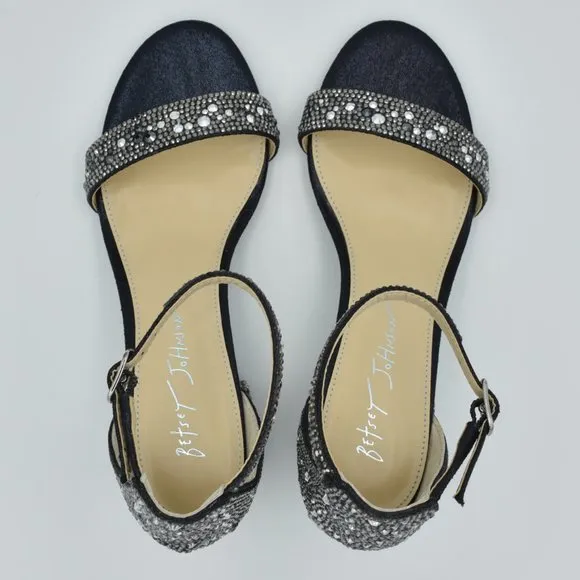 Betsey Johnson Mari Block Heel Sandals, Black, Rhinestones, Women's Size 6 Wide