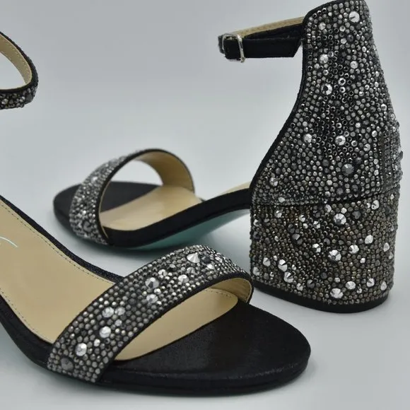 Betsey Johnson Mari Block Heel Sandals, Black, Rhinestones, Women's Size 6 Wide