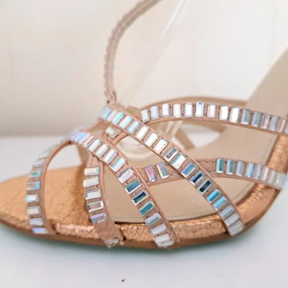 Betsey Johnson Ruby Rose Gold Rhinestone Strappy Heels Size 10
