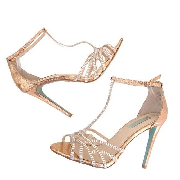Betsey Johnson Ruby Rose Gold Rhinestone Strappy Heels Size 10