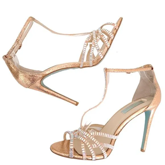 Betsey Johnson Ruby Rose Gold Rhinestone Strappy Heels Size 10