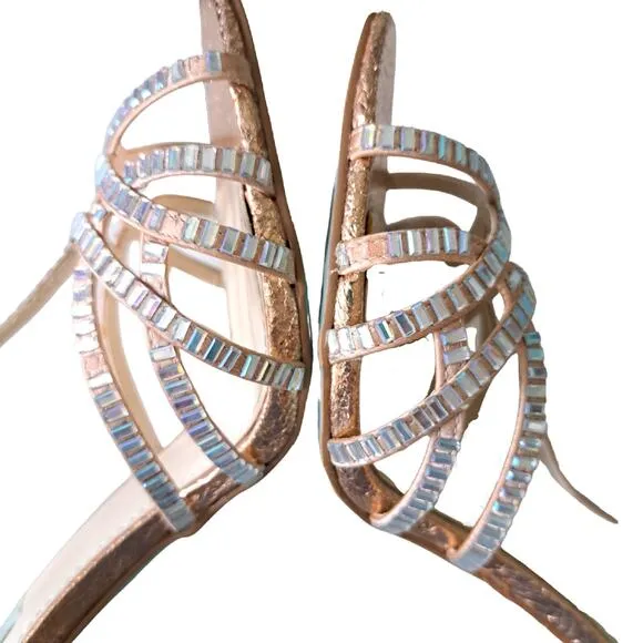 Betsey Johnson Ruby Rose Gold Rhinestone Strappy Heels Size 10