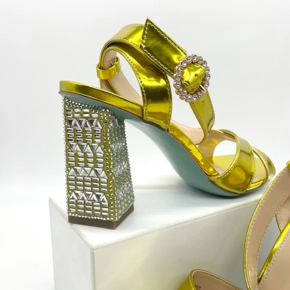 Betsey Johnson Women's Sb-Bell Heel Silver Rhinestones Gold Sandals