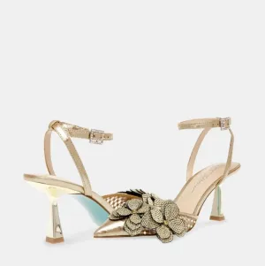 BETSY JOHNSON &quot;Sofya&quot; Gold Pointy Toe Rhinestone Floral Appliqués Sandal Size7.5