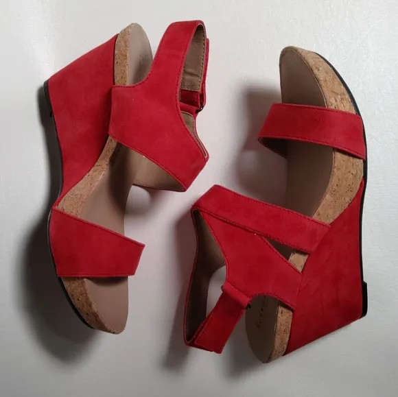 Bettye Muller Red Wedge Sandals, Size 7.5
